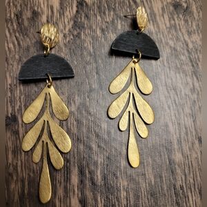 HAND CRAFTED Wood Geometric/Raw Brass Leaf Dangle Earrings